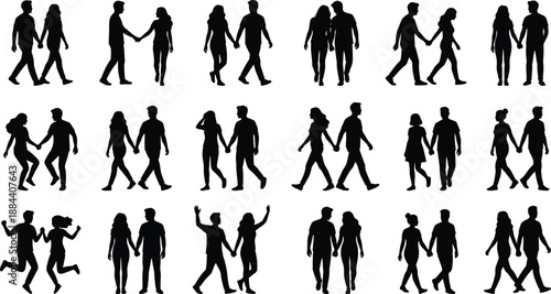 Couple walking hand in hand silhouettes set, romantic partners strolling together, love relationship poses, man woman walking illustration icons