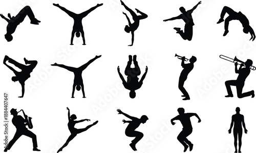 Dance and music performer silhouettes set showing breakdance, acrobatics, jazz trumpet actions, dynamic movement illustration for stage art design