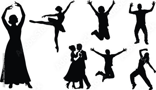 People and dancer silhouette set showing ballet, celebration jumps, couple dancing and expressive body movements isolated on white background for lifestyle, performance, event design