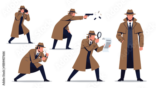 Cartoon detective or secret agent character in various professional poses like shooting inspecting evidence and taking undercover photos.