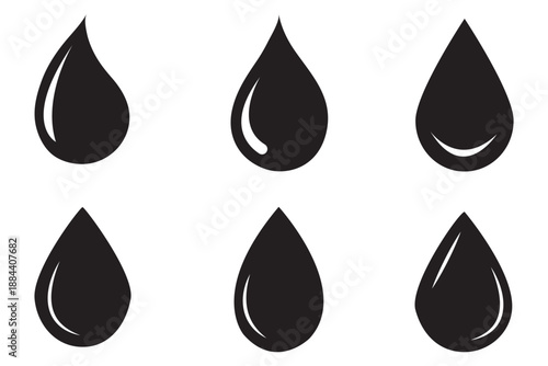 Six black teardrop shaped droplets on a white background