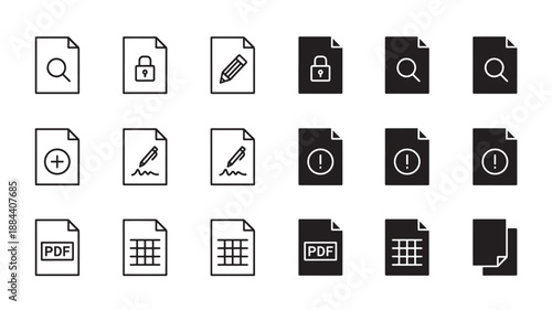 Black file and document icons set design elements on transparent background silhouette