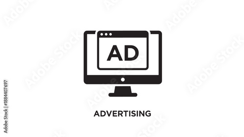 Black computer screen displaying an ad with advertising text on transparent background silhouette