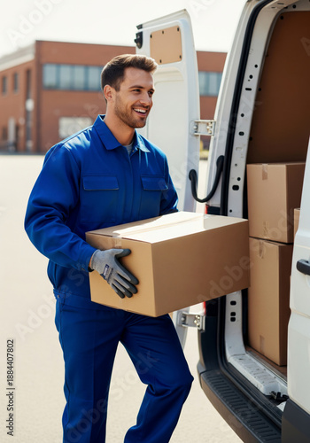 Happy manual worker unloading cardboard boxes for courier delivery and logistics service on white background