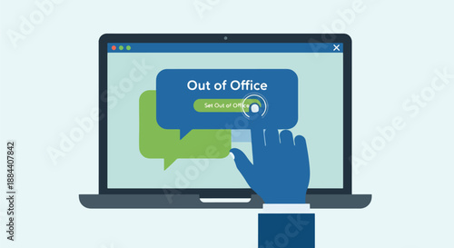 Setting an 'Out of Office' automatic reply on a laptop screen, illustrating a digital communication feature for vacation, holiday, or unavailability. Vector.