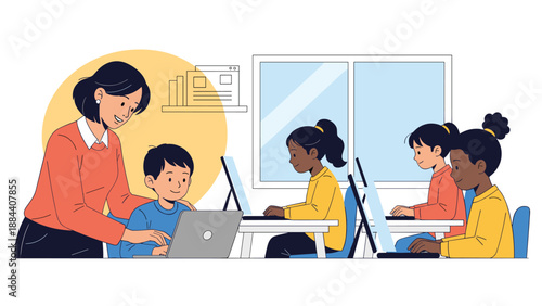 Female teacher helping a group of diverse elementary school children learn how to use laptops in a bright modern classroom.