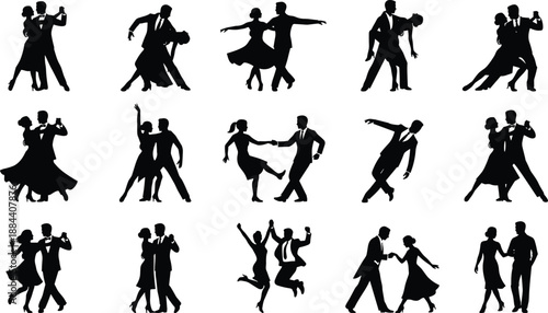 Dancing couple silhouettes set showing ballroom, tango and social dance poses, elegant partner movement illustration for celebration and romance design