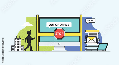 Man leaving office building, computer screen shows 'Out of Office' message with stop sign, symbolizing vacation or break.