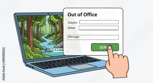 Laptop displaying an out of office message with a nature scene on screen, hand clicking send