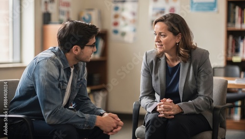 Medium shot of a school counselor attentively listening to a student during a wellness session with background softly blurred to emphasize emotional support.