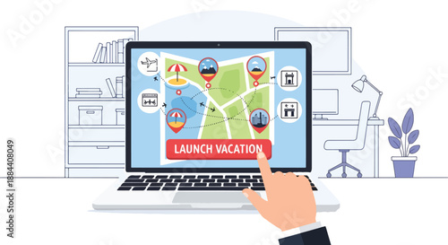 Planning a vacation online with a laptop showing a map and travel destinations, finger clicking launch vacation button