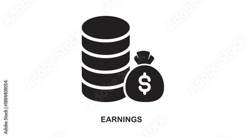 Black stack of coins and money bag icon on transparent background silhouette