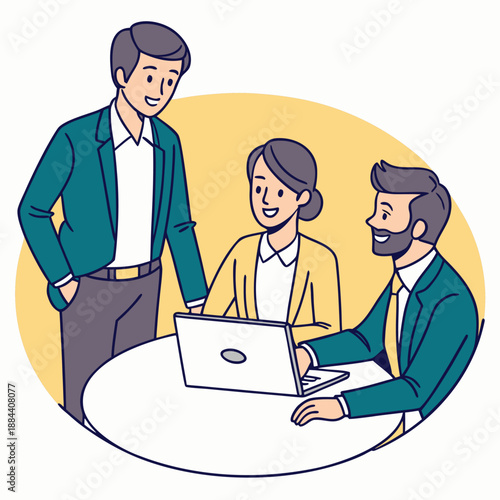 Three business colleagues collaborating on laptop at office meeting with smiles