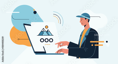 Young man in cap working on laptop with abstract shapes and mountains on screen, representing digital content creation and online work