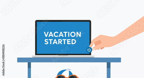 Hand pressing power button on laptop showing "Vacation Started" screen, symbolizing end of work and beginning of holiday break.