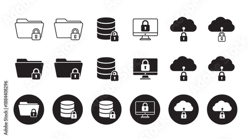 Data security icons featuring folders databases and clouds on transparent background silhouette