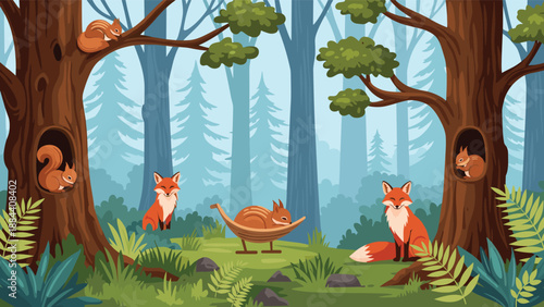 Peaceful forest scene with foxes and squirrels resting among trees including a squirrel sleeping comfortably in a hammock.
