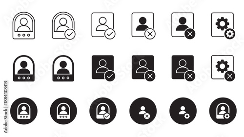 User profile icons with settings permissions and access control on transparent background silhouette