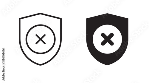 Two shield icons with cross marks black and white on transparent background silhouette