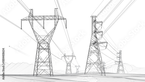 High voltage transmission systems. Electric pole. Power lines. Energy pylons. Black outlines image on mountain background. A network of interconnected electrical. Vector design illustration