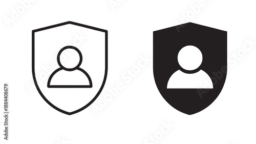 Two shield icons with human figures inside black and white on transparent background silhouette