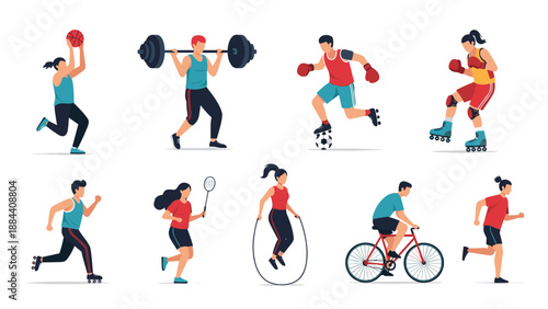 Diverse group of male and female athletes practicing various sports including basketball, cycling, soccer, and running.