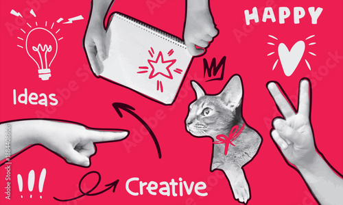 Creative Ideas Vector Collage with Cat, Hands and Doodles, Modern Pop Art Style Illustration for Design, Marketing, Branding and Social Media