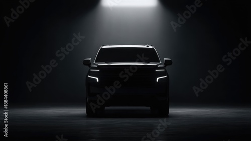 Dramatic Silhouette of a Modern SUV in a Dark Studio with Spotlight Focusing on the Vehicle's Distinct Features