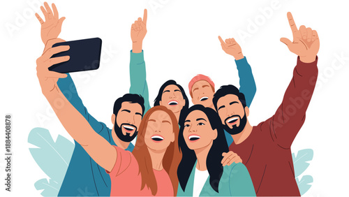 Group of happy young friends taking a group selfie together using a smartphone during a fun social gathering outdoors.