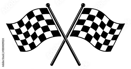 Line art illustration of crossed checkered flags depicting a finish line symbol for racing sports