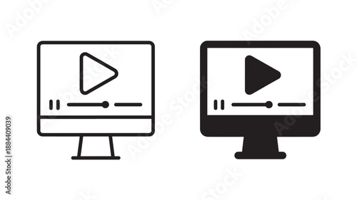 Two computer monitors displaying play buttons simple line art on transparent background silhouette