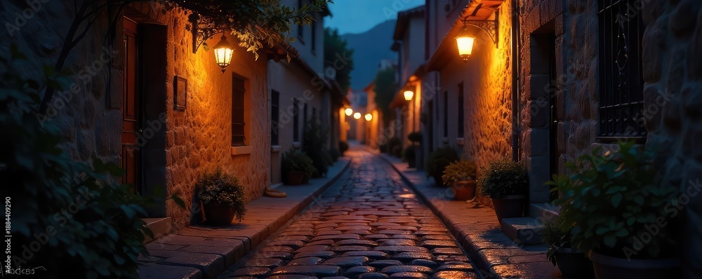 Fototapeta premium A flickering candle illuminates a cobblestone street at night, casting warm light and long shadows The scene evokes a sense of quiet mystery and old-world charm , yellow, moody, night