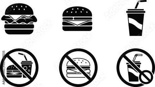 Black and white of burgers and fast food with prohibition signs no food