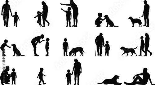 Family and pet silhouette collection, parents children and dogs together, daily life interaction scenes, love care lifestyle vector illustration set