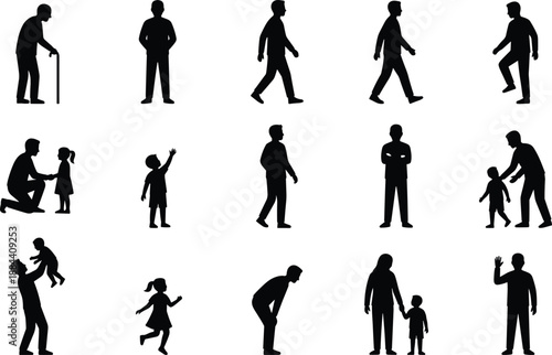 Family life silhouettes collection, parents and children interactions, walking standing greeting poses, generational human activities, black shadow illustration set