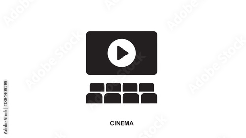 Black cinema screen with play button and seats on transparent background silhouette