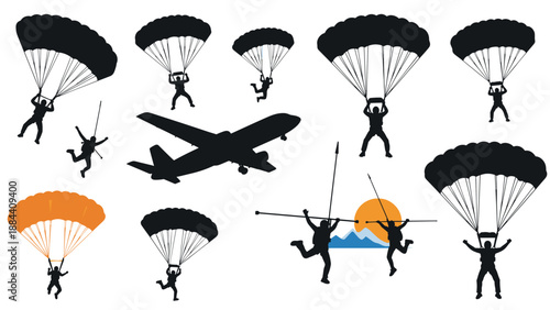 Collection of skydiving silhouettes showing people jumping with parachutes and an airplane flying through the clouds.