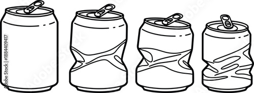 Black and white of four soda cans with pull tabs crushed cans beverage containers 1