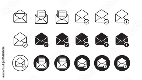 Collection of email icons in various styles on transparent background silhouette