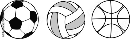 Black and white of soccer ball volleyball and basketball sports equipment