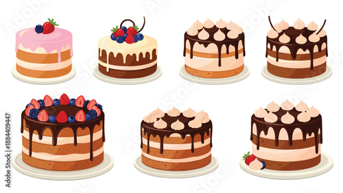 Assortment of delicious layered cakes topped with chocolate ganache, whipped cream, and fresh berries on small plates.