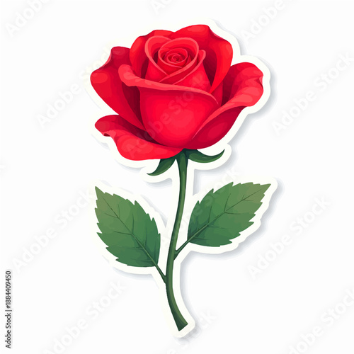 A vibrant red rose sticker with green leaves on a white background