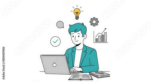 Young Professional Working on Laptop with Ideas and Graphs Illustrating Growth