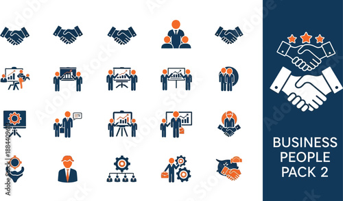 A comprehensive collection of blue and orange business people icons illustrating teamwork partnership agreement training collaboration and management concepts effectively