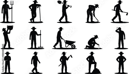 Farmer silhouette collection, agriculture worker poses, rural farming activities, man with tools, field labor vector illustration set