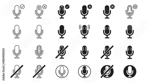 Various microphone icons with status indicators on transparent background silhouette