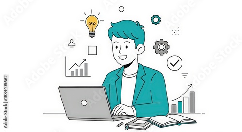 Young Professional Working on Laptop with Ideas and Growth Concepts in Background