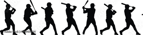 Black silhouette of baseball player swinging bat in sequence on white background