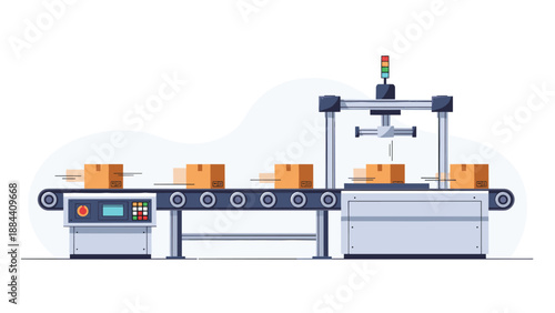 Automated industrial factory conveyor belt system moving brown cardboard boxes under a robotic sensor monitoring arm.
