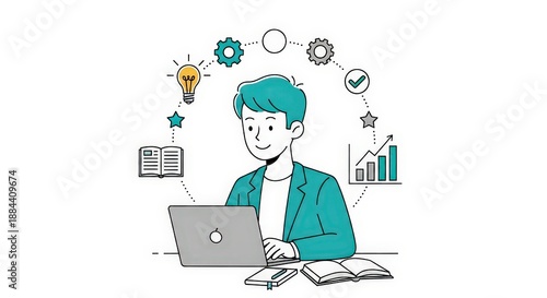 Person Working on Laptop with Various Creative and Analytical Elements Surrounding